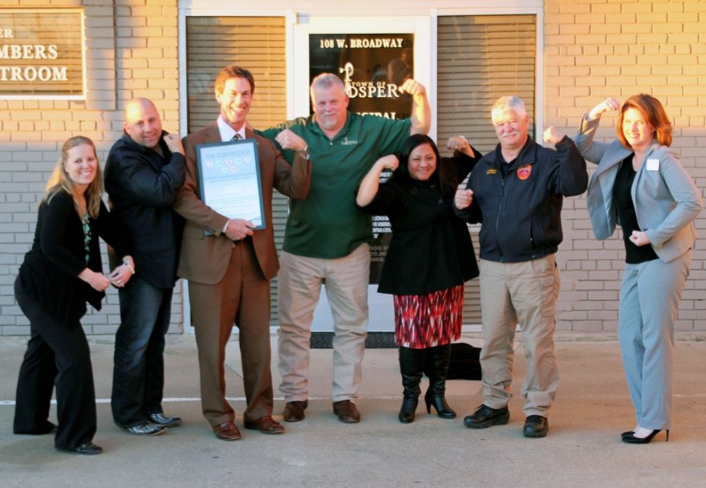 Several members of the Mayor's Health & Fitness Council strike a pose! From left to right: Julie Shivers, Recreation Coordinator; Michael Korbuly, Council Member; Ray Smith, Mayor; Kenneth Dugger, Council Member; Baby Raley, HR Director; Ronnie Tucker, Fire Chief; and Robyn Battle, Town Secretary.