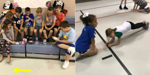 Elementary students playing in a gym